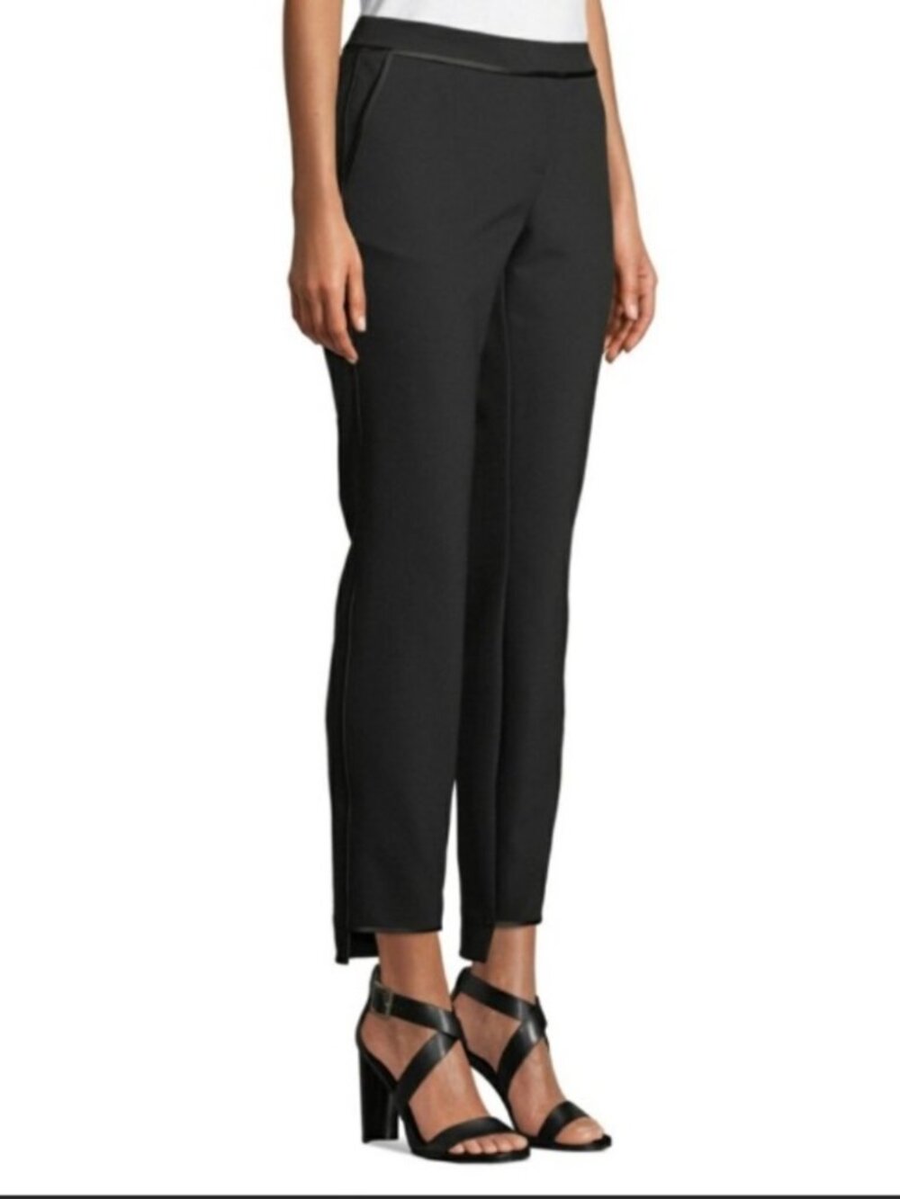Lafayette 148 Manhattan Dress Pants Trousers Black Satin Piping Trim Step Hem